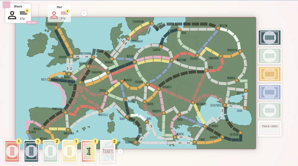 The game board of EnRoute with many routes built