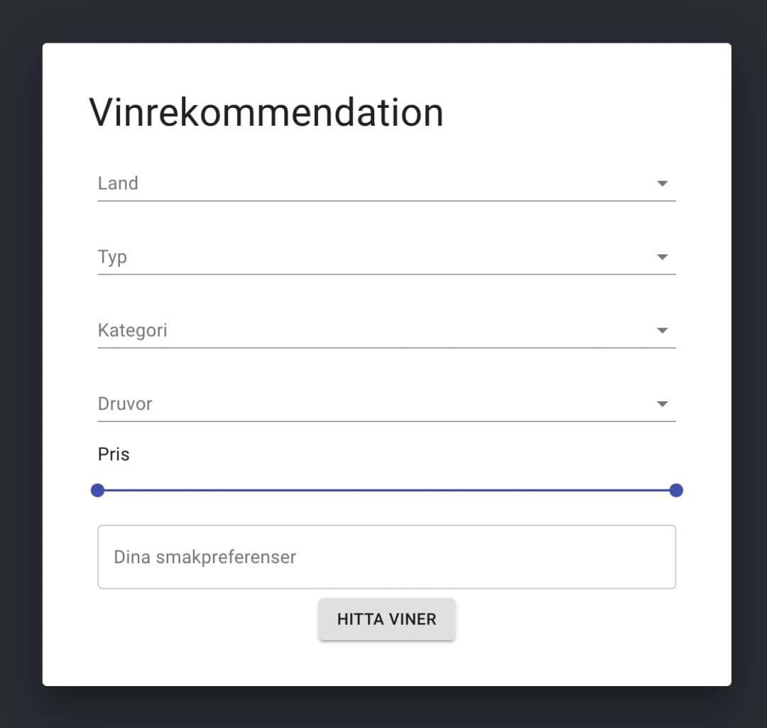 Wine recommender start screen